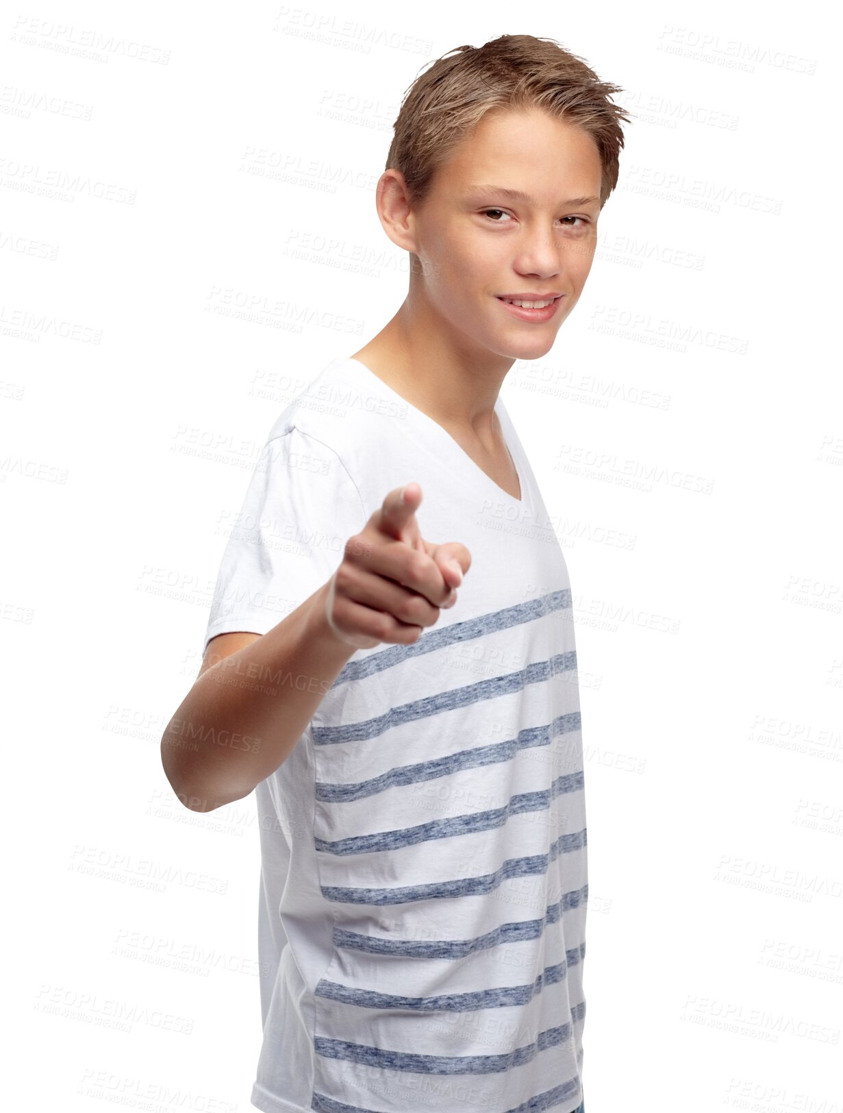 Buy stock photo Portrait, boy and kid pointing to you for choice, decision and isolated on a transparent png background. Happy teen, youth and show finger for offer, selection and emoji for direction or opportunity