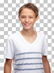 Boy, kid and happy portrait in studio, isolated on a png background alone. Face, smile and young child, model and casual kids lifestyle for healthy growth, youth development and confident happiness