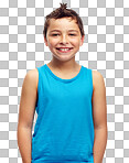 Boy, kid and smile for studio portrait, isolated on a png background. Happy young child, model and casual kids lifestyle for healthy growth, fun youth development and happiness with confidence