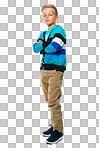 Fashion, youth and portrait of boy standing with crossed arms, trendy and casual clothes. Childhood, relax and young child with confidence, attitude and style isolated on a png background