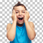 Portrait of adorable little boy touching face in surprise, with copyspace. Cute child standing alone with mouth open in shock. Wow and amazed facial expression isolated on a png background