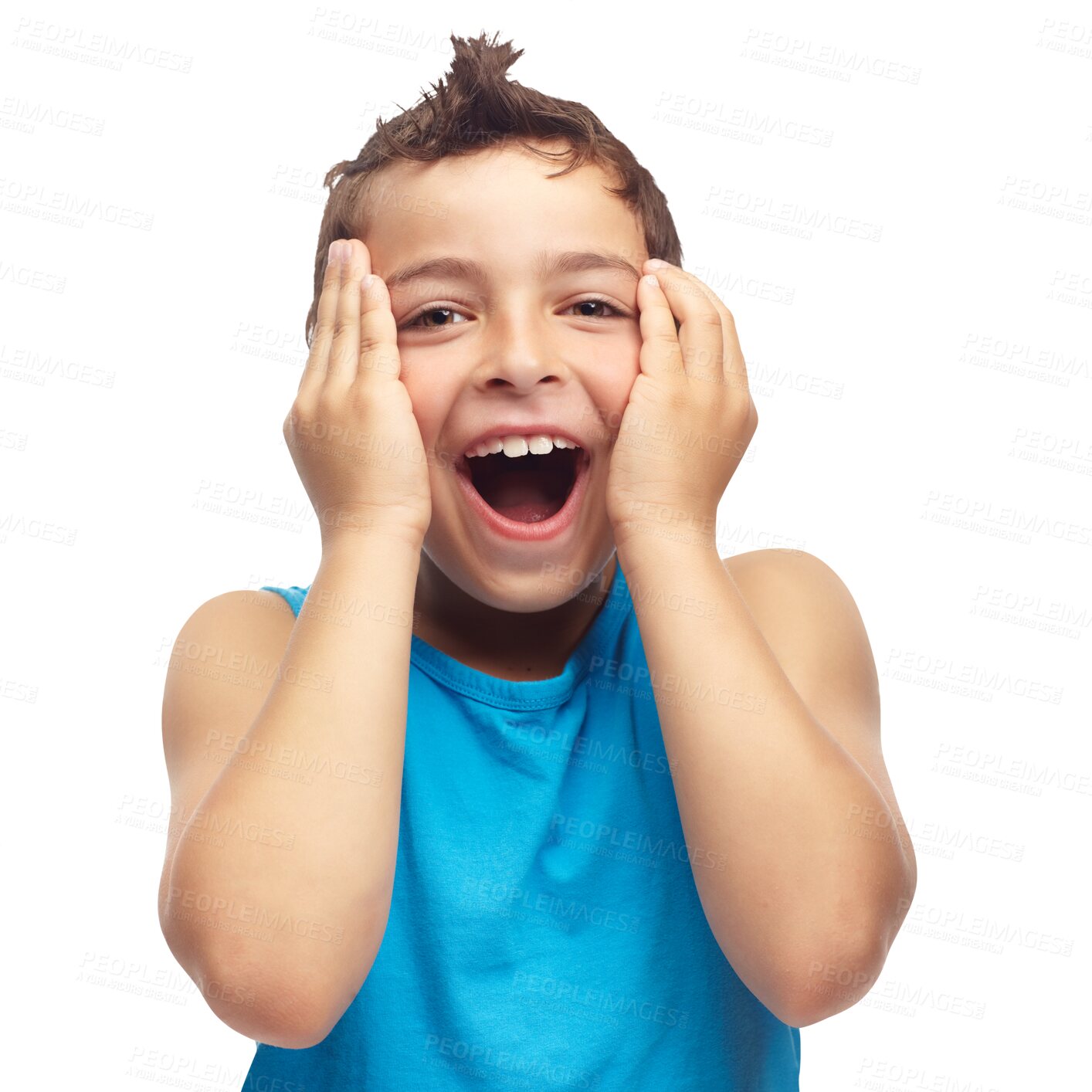 Buy stock photo Boy, child and wow or surprise portrait isolated on a transparent, png background. Hands on face of cute young kid, model and funny kids lifestyle with a happy expression or emoji for announcement