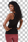 Portrait, back and fashion with an indian woman standing hands on hips in studio isolated on a png background. Attitude, style and beauty with an attractive young girl posing in contemporary clothes