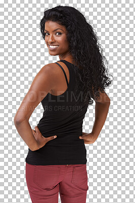 Buy stock photo Back, portrait and fashion with a woman on a transparent background to model contemporary clothing style. PNG, hands on hips and edgy with an attractive young indian female posing in trendy clothes