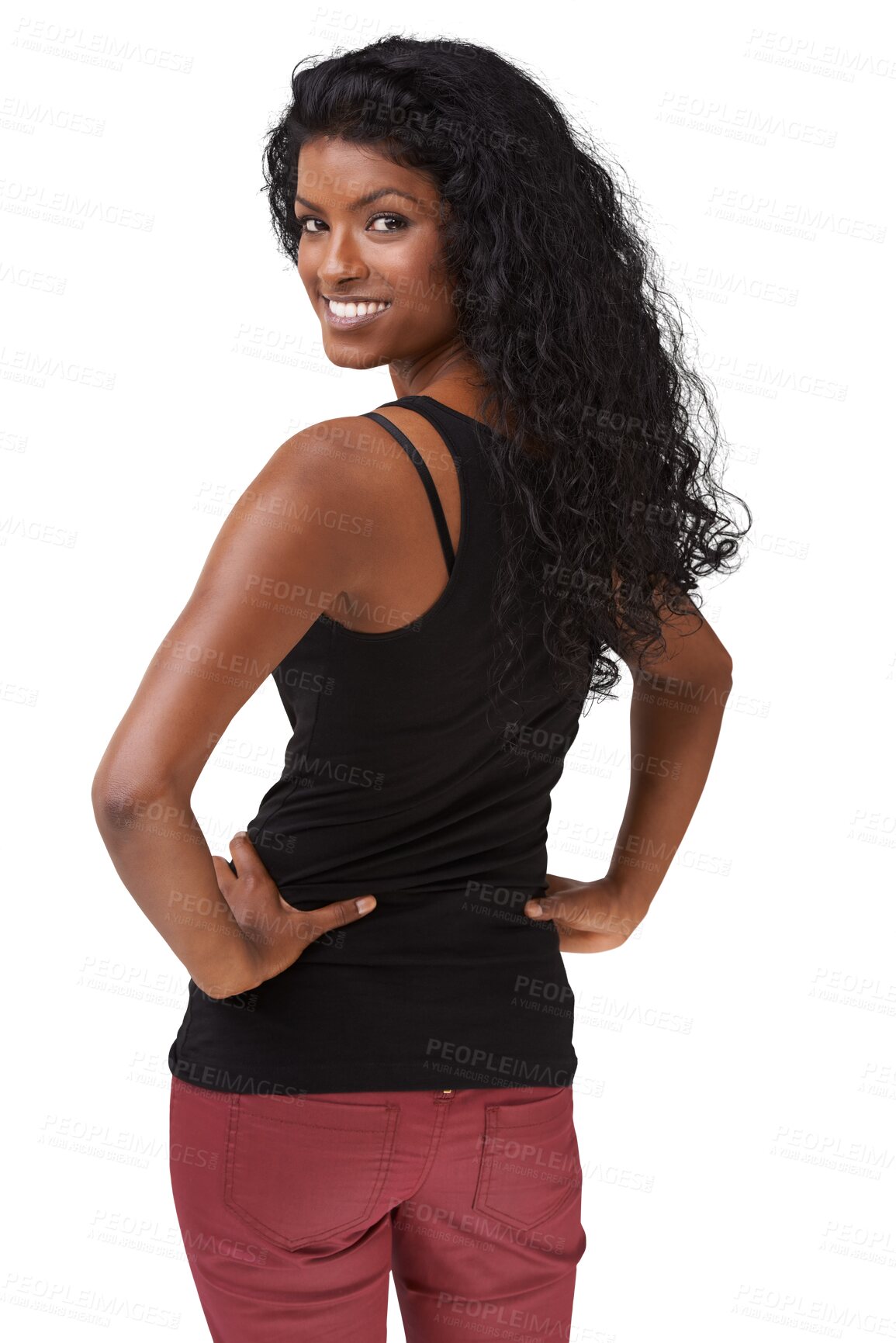 Buy stock photo Back, portrait and fashion with a woman on a transparent background to model contemporary clothing style. PNG, hands on hips and edgy with an attractive young indian female posing in trendy clothes