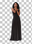 Fashion, beauty and elegant woman in a studio with a fancy, stylish and luxury black dress. Beautiful, young and indian female model from India with a classy outfit isolated by a isolated on a png background