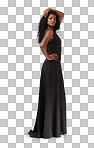 A Black woman, black dress and fashion beauty for luxury portrait, lifestyle motivation. African model, party clothes style and romantic vision or elegance glamour isolated on a png background