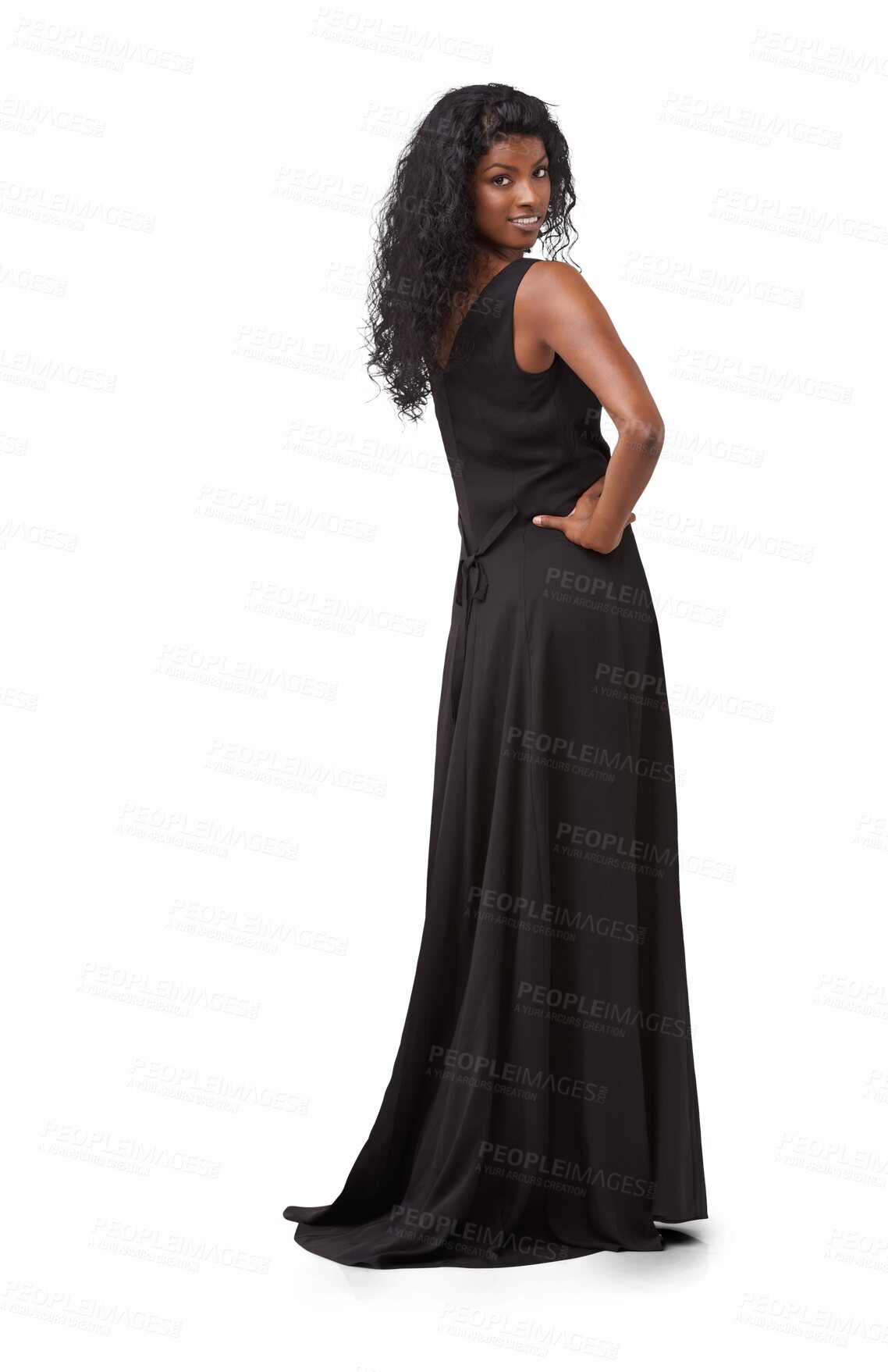 Buy stock photo Back, portrait and fashion with a woman on a PNG background to model contemporary clothing style. Transparent, hand on hip and edgy with an attractive young indian female posing in a trendy dress