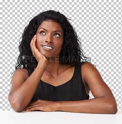 Buy stock photo Smile, indian woman and thinking of ideas, mindset and planning goals with memory. Inspiration, decision and happy model daydream for vision, hope and solution isolated on transparent png background