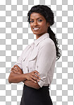 Confident, Indian woman and smile with arms crossed for career ambition or vision against isolated on a png background. Portrait of happy isolated woman smiling with crossed arms standing in confidence