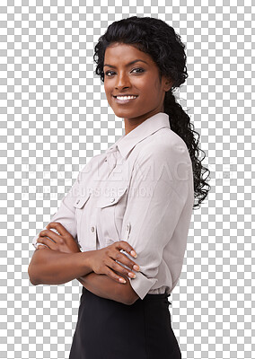 Buy stock photo Portrait, arms crossed and PNG with a business woman isolated on a transparent background for corporate confidence. Happy, smile and mindset with a young female indian employee looking positive