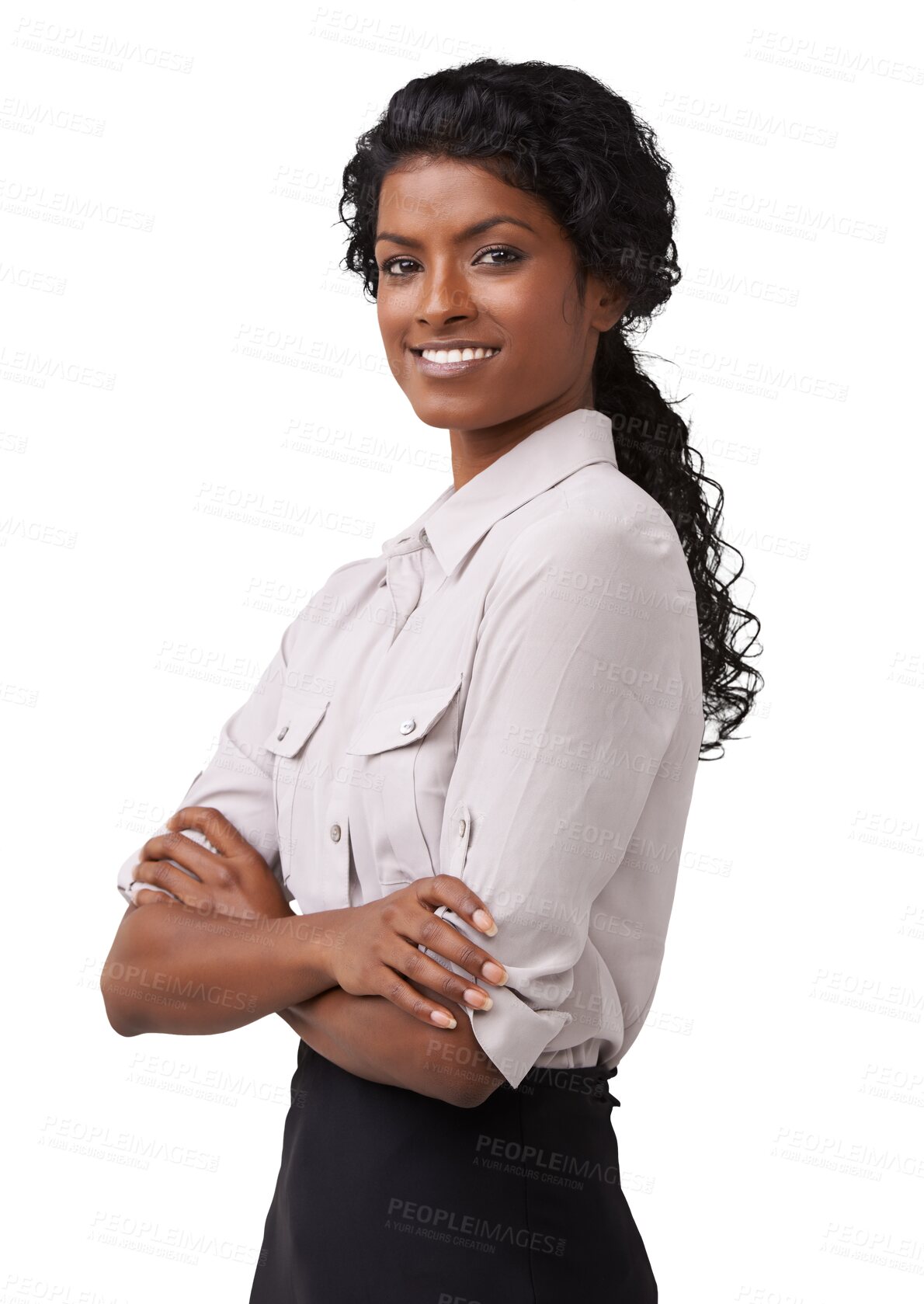 Buy stock photo Portrait, arms crossed and PNG with a business woman isolated on a transparent background for corporate confidence. Happy, smile and mindset with a young female indian employee looking positive