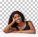 Fantasy, Indian woman and thinking with smile, idea and girl isolated on a png background. Female, young lady and decisions for success, wondering and daydreaming with happiness or imagination