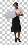 Portrait, poster and mockup with an indian woman in studio isolated on a png background holding a blank sign. Marketing, advertisng and mock up on paper with a female showing space for product placement