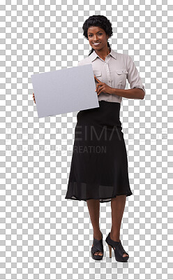 Buy stock photo Fashion, mockup and portrait of woman with poster for advertising, product placement or marketing. Happy, smile and Indian female model with formal outfit with blank paper isolated by png background.