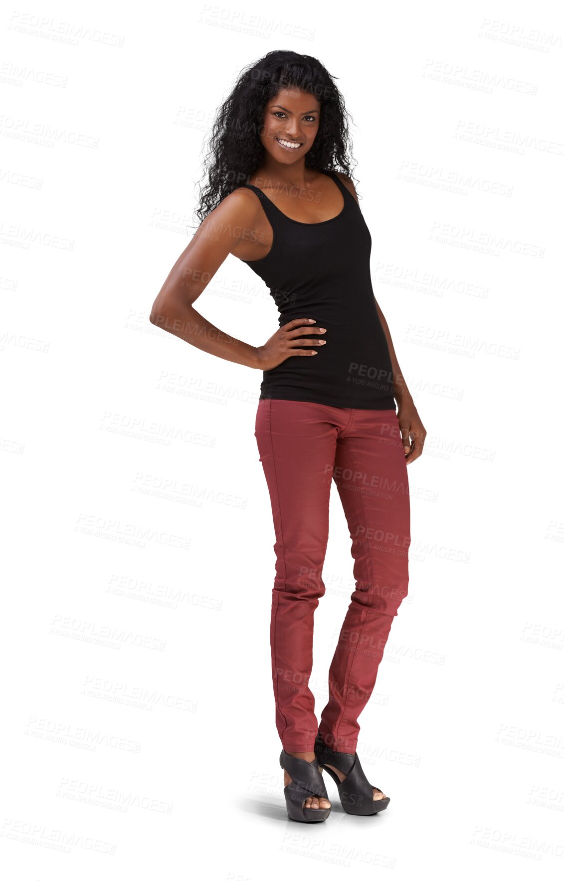 Buy stock photo Smile, portrait and fashion with a woman on a transparent background to model contemporary clothing style. PNG, hand on hip and edgy with an attractive young indian female posing in trendy clothes