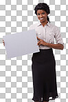 Portrait, poster and mockup with a woman for marketing or advertising on blank cardboard. Paper, billboard and branding with a female employee holding mock up space isolated on a png background