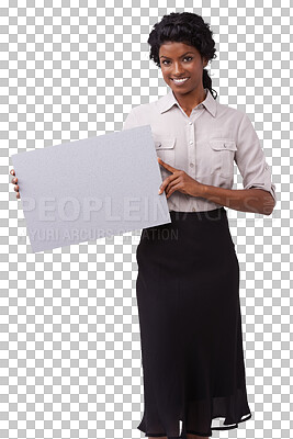 Buy stock photo Fashion, portrait and woman with a poster with mock up for advertising, mockup or marketing. Happy, smile and formal Indian female model with blank paper isolated by a transparent png background.