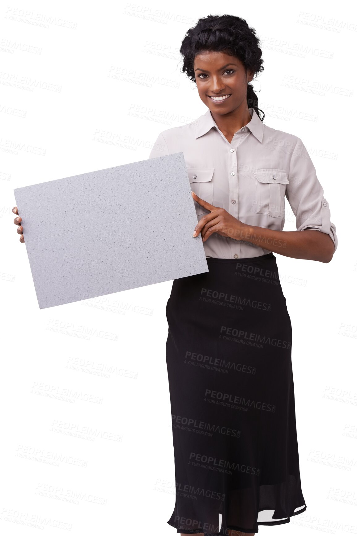 Buy stock photo Fashion, portrait and woman with a poster with mock up for advertising, mockup or marketing. Happy, smile and formal Indian female model with blank paper isolated by a transparent png background.