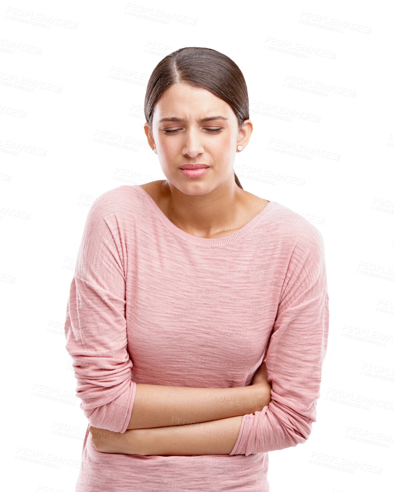 Buy stock photo Constipation, woman and stomach pain, sick or digestion problem isolated on transparent png background. Sad, angry and frustrated model endometriosis, gut health or pancreas risk with sore belly ache