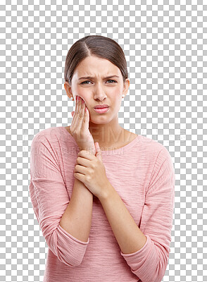 Buy stock photo Portrait, toothache and woman with pain, health problem and lady isolated against a transparent background. Face, female person and model with dental issue, mouth and frustrated with teeth and png