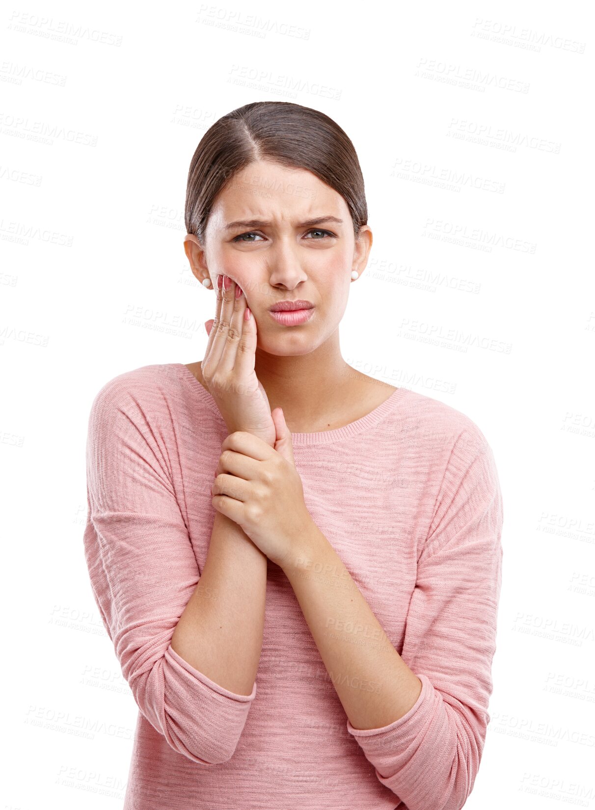 Buy stock photo Portrait, toothache and woman with pain, health problem and lady isolated against a transparent background. Face, female person and model with dental issue, mouth and frustrated with teeth and png