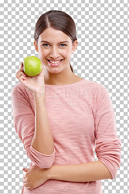 Health, apple and smile with portrait of woman for nutrition, diet and weight loss choice. Fiber, food and vitamins with isolated face of girl eating fruit for wellness, organic and natural in studio isolated on a png background