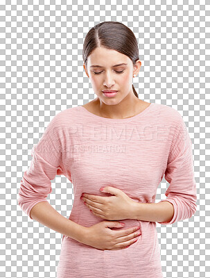 Buy stock photo Woman, stomach pain or gut health with digestion problem or endometriosis isolated on transparent png background. Young female person with medical issue, constipation bloating or menstruation cramps