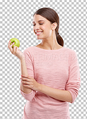 Buy stock photo Woman, smile with apple and health, nutrition and diet, healthy food isolated on transparent, png background. Happy young female, clean eating with fruit, weight loss and organic, vegan and fresh 