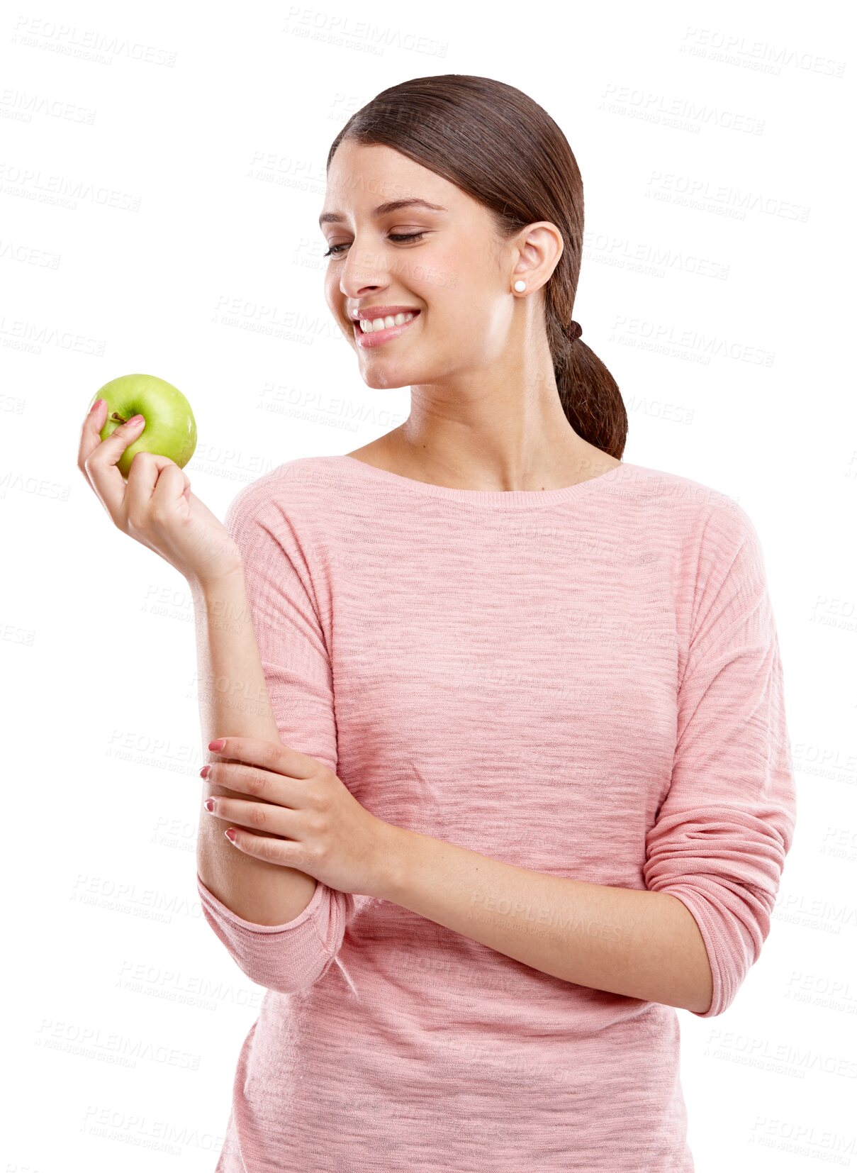 Buy stock photo Woman, smile with apple and health, nutrition and diet, healthy food isolated on transparent, png background. Happy young female, clean eating with fruit, weight loss and organic, vegan and fresh 