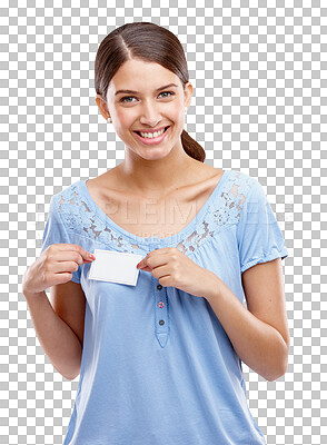 Buy stock photo Name tag, happy and portrait of woman with ID badge on isolated, png and transparent background. Advertising, networking and female smile with blank card space for seminar, convention and tradeshow