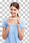 Happy, portrait and pregnant test of woman with excited face for motherhood, maternity and future baby. Happiness of girl holding pregnancy test with smile isolated on a png background