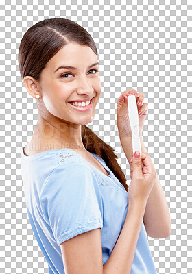 Pregnancy test, happy and portrait of a woman with good, exciting and positive news. Happiness, smile and young female model with a prenatal urine kit isolated on a png background