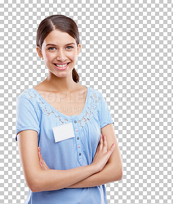 Buy stock photo Smile, name tag and portrait of woman with badge on isolated, png and transparent background. Arms crossed, networking and happy female worker with blank ID card for seminar, convention and tradeshow