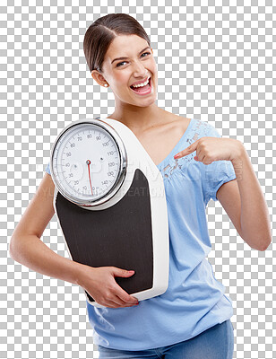 Buy stock photo Portrait, smile and woman pointing at scale for weight loss, health and fitness isolated on a transparent png background.  Workout, balance equipment and excited female person weighing for wellness.