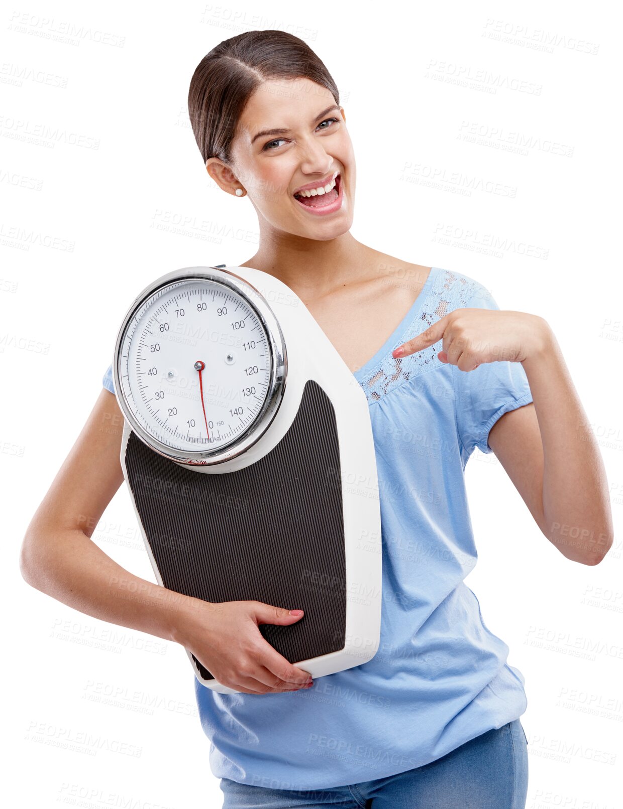 Buy stock photo Portrait, smile and woman pointing at scale for weight loss, health and fitness isolated on a transparent png background.  Workout, balance equipment and excited female person weighing for wellness.