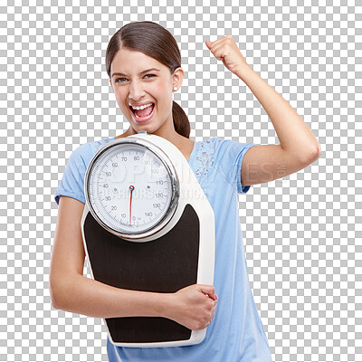 Buy stock photo Portrait, celebration and happy woman with scale for health, weight loss or fitness goals isolated on transparent png background. Workout, balance equipment or excited female person celebrate success