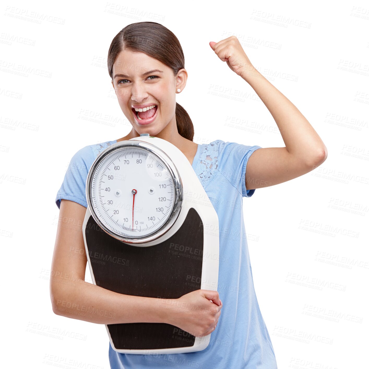 Buy stock photo Portrait, celebration and happy woman with scale for health, weight loss or fitness goals isolated on transparent png background. Workout, balance equipment or excited female person celebrate success