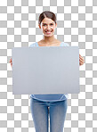 A Woman, happy portrait and blank board standing for advertising, marketing and branding vision. Model, smile and holding empty poster, billboard or banner mockup isolated on a png background