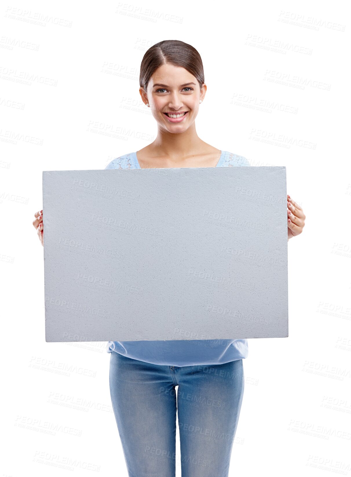 Buy stock photo Portrait, woman and smile with poster for mockup isolated on a transparent png background. Banner, copy space and happy person with branding for commercial, promotion or advertising and marketing.