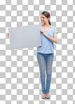 A Woman, blank board and happy standing for advertising, marketing and branding vision. Model, smile and holding empty poster, billboard or news banner mockup isolated on a png background