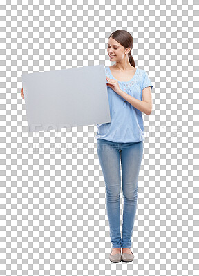 Buy stock photo Woman, looking and smile with poster for mockup isolated on a transparent png background. Banner, copy space and happy person with branding for commercial, promotion or advertising and marketing.