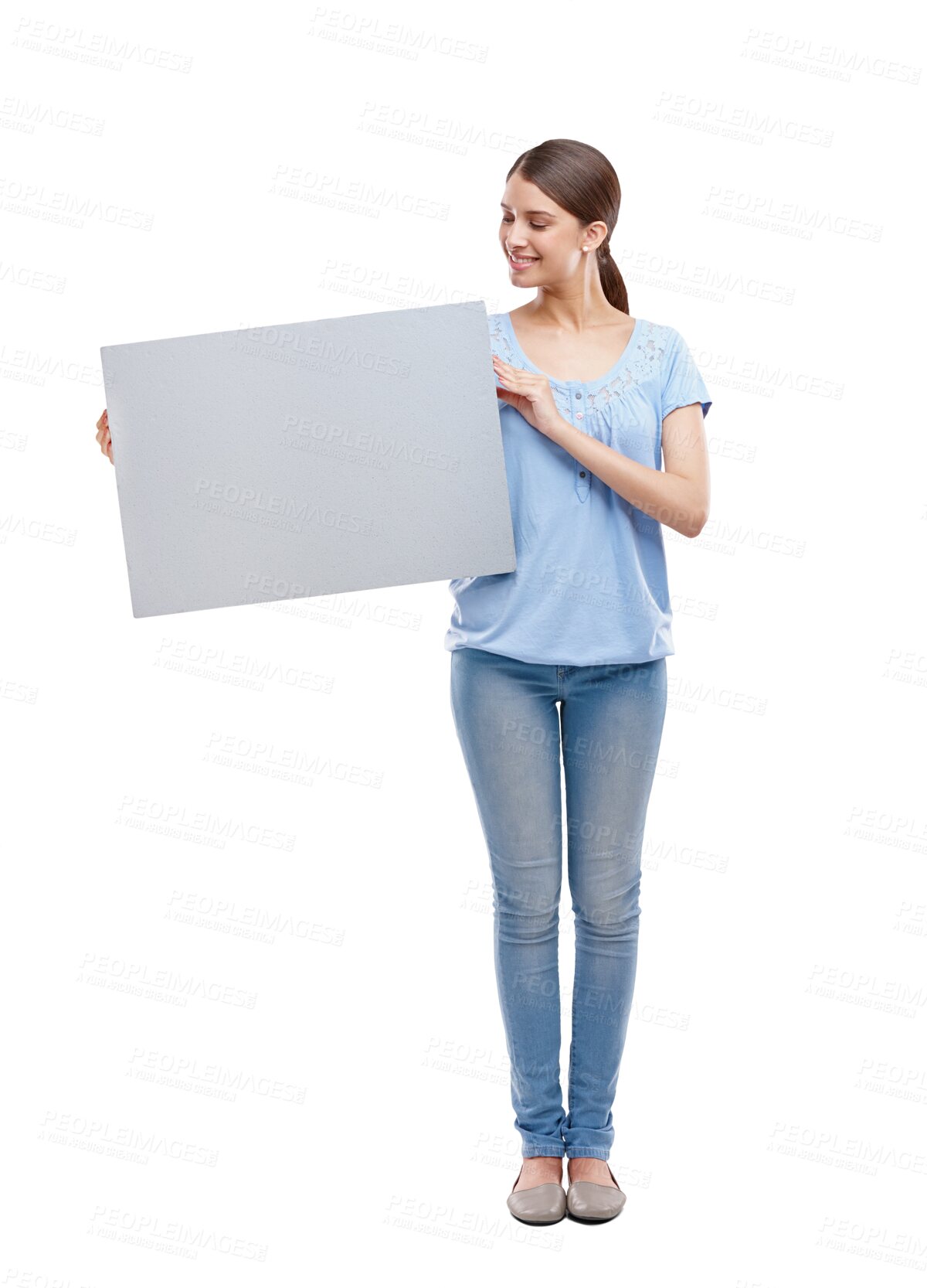 Buy stock photo Woman, looking and smile with poster for mockup isolated on a transparent png background. Banner, copy space and happy person with branding for commercial, promotion or advertising and marketing.