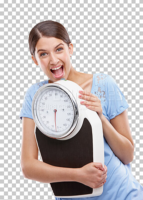 Buy stock photo Portrait, excited and woman with scale for health, weight loss and fitness isolated on a transparent png background. Mass, balance equipment and female person with happiness, wellness and healthy.