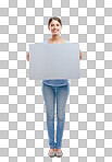 Woman, empty sign and smile portrait standing in isolated on a png background for advertising, marketing and branding vision. Model, happy and holding blank poster, billboard or news mockup isolated in studio