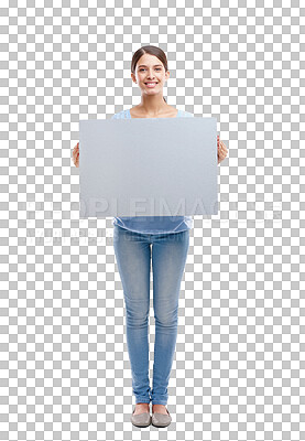 Buy stock photo Woman, portrait and smile with board for mockup isolated on a transparent png background. Poster, copy space and happy person with branding for commercial, promotion or advertising and marketing.