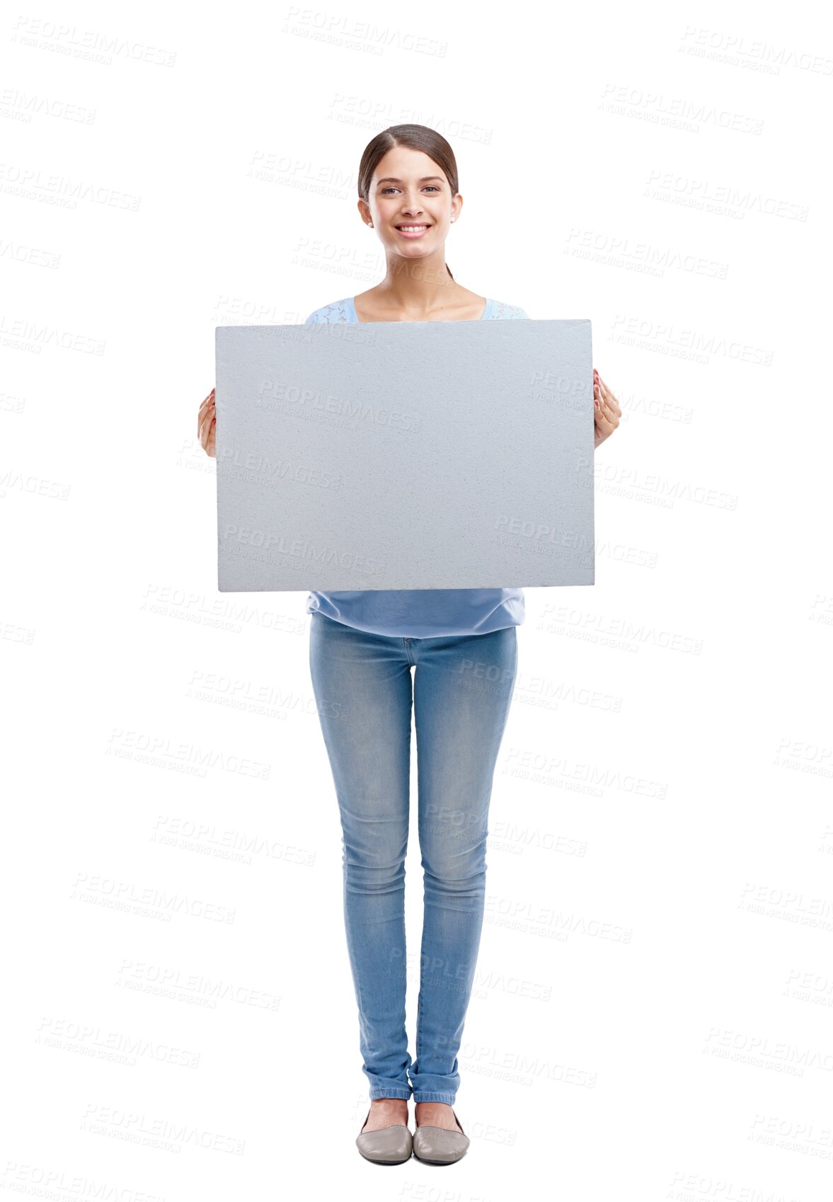 Buy stock photo Woman, portrait and smile with board for mockup isolated on a transparent png background. Poster, copy space and happy person with branding for commercial, promotion or advertising and marketing.