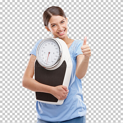 Buy stock photo Portrait, thumbs up or happy woman with scale for health, weight loss or fitness goals isolated on transparent png background. Success, balance equipment or hand gesture, like emoji or healthy winner