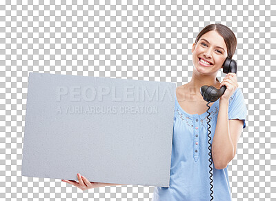 Buy stock photo Telephone, blank sign and portrait of a woman with billboard for advertisement with smile. Happy female model with poster or placard for sales or advertising isolated on a transparent PNG background