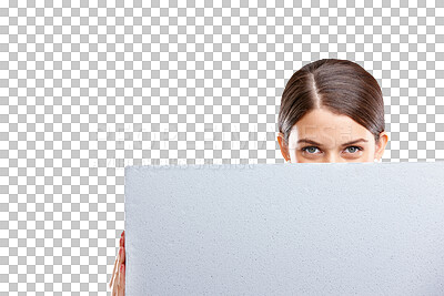 A Woman, marketing with sign and mockup product placement with blank poster. Advertising portrait, board and space, female eyes and vision, branding or promotion isolated on a png background